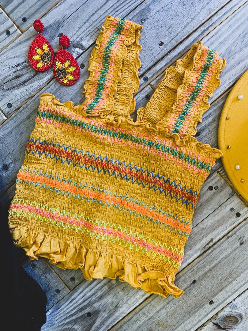 Gypsy Waltz Clearance Hilltop Smocked Crop Tank Topp In Mustard - FINAL SALE 5 Gypsy Waltz Clearance Hilltop Smocked Crop Tank Topp In Mustard - FINAL SALE
