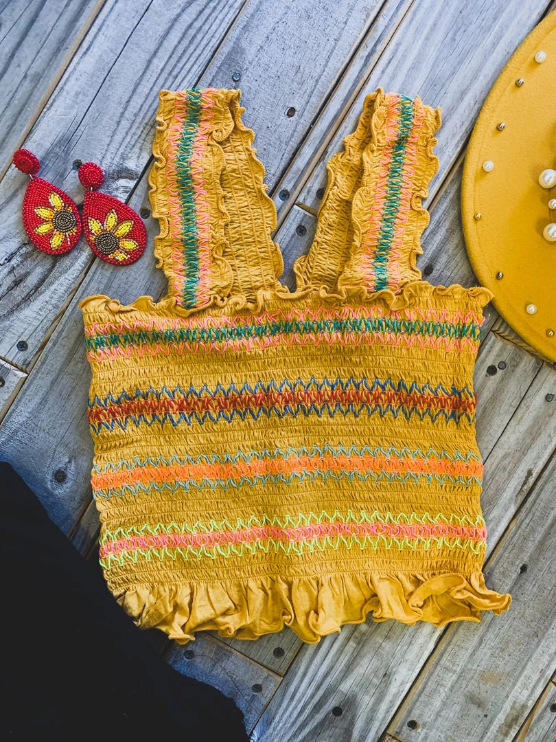 Gypsy Waltz Clearance Hilltop Smocked Crop Tank Topp In Mustard - FINAL SALE 6 Gypsy Waltz Clearance Hilltop Smocked Crop Tank Topp In Mustard - FINAL SALE