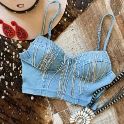 Gypsy Waltz Alto Rhinestone Denim Bralette Crop Top In Light Wash