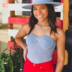 Gypsy Waltz New Cotulla Rhinestone Body Suit In Dusty Blue