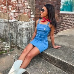 Gypsy Waltz Red Lick Denim Buckle Dress In Medium Wash