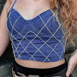 Gypsy Waltz Honey Grove Rhinestone Denim Bralette Crop Top Clothing