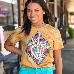 Gypsy Waltz Clothing San Antonio Peace Sign Tee In Mustard (S-3X)