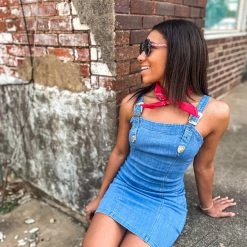 Gypsy Waltz Red Lick Denim Buckle Dress In Medium Wash