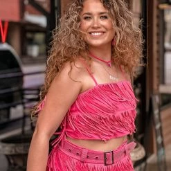 Gypsy Waltz Miami Rhinestone Fringe Top In Pink Clothing