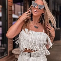 Gypsy Waltz Miami Rhinestone Fringe Top In White Clothing