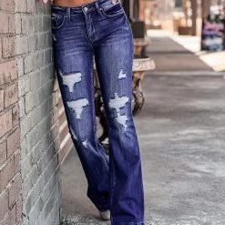 Gypsy Waltz Clothing Chireno Distressed Denim Flare Jeans In Dark Wash