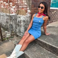 Gypsy Waltz Red Lick Denim Buckle Dress In Medium Wash