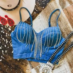 Gypsy Waltz Alto Rhinestone Denim Bralette Crop Top In Medium Wash