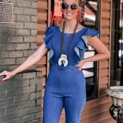 Gypsy Waltz Caddo Mills Jumpsuit In Denim Blue Clothing