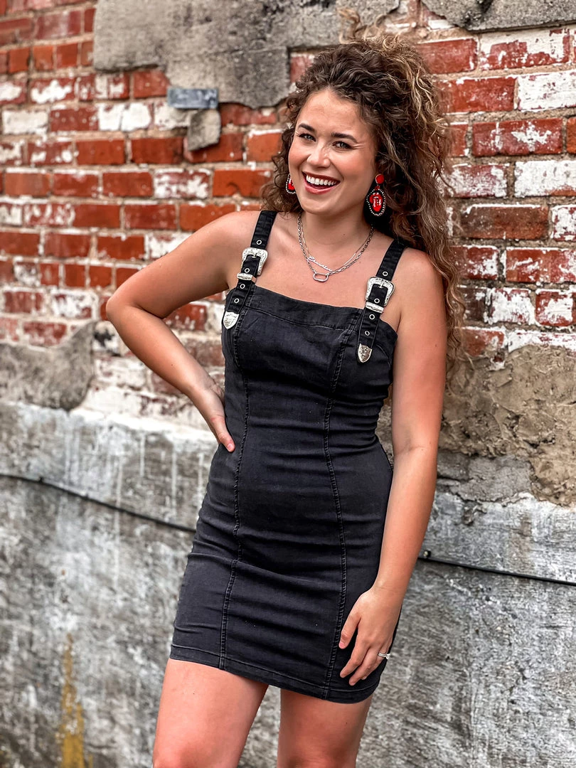 Gypsy Waltz Red Lick Denim Buckle Dress In Black 10 Gypsy Waltz Red Lick Denim Buckle Dress In Black