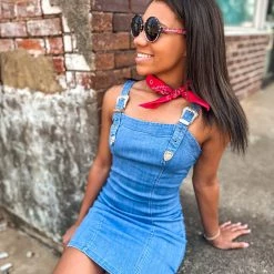 Gypsy Waltz Red Lick Denim Buckle Dress In Medium Wash