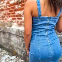 Gypsy Waltz Red Lick Denim Buckle Dress In Medium Wash