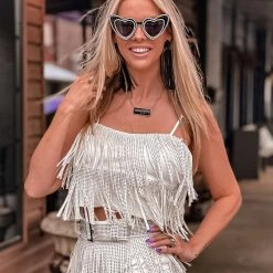 Gypsy Waltz Miami Rhinestone Fringe Top In White Clothing