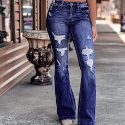 Gypsy Waltz Clothing Chireno Distressed Denim Flare Jeans In Dark Wash