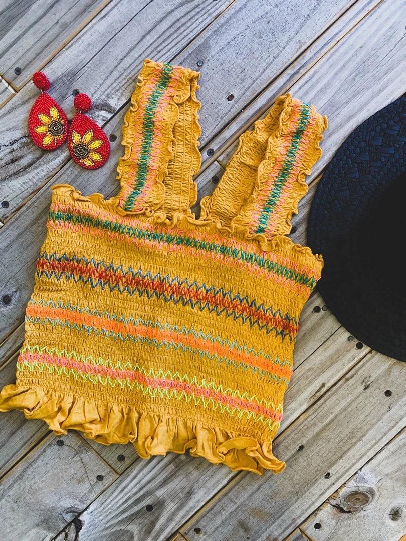 Gypsy Waltz Clearance Hilltop Smocked Crop Tank Topp In Mustard - FINAL SALE 4 Gypsy Waltz Clearance Hilltop Smocked Crop Tank Topp In Mustard - FINAL SALE