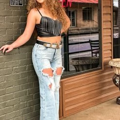 Gypsy Waltz New La Ward Rhinestone Black Leather Crop Top