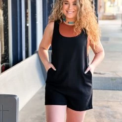 Gypsy Waltz Granbury Linen Romper In Black Clothing