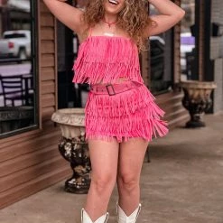 Gypsy Waltz Clothing Miami Rhinestone Fringe Skort In Pink