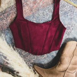 Gypsy Waltz Clothing Franklin Suede Crop Top In Burgundy