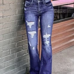 Gypsy Waltz Clothing Chireno Distressed Denim Flare Jeans In Dark Wash