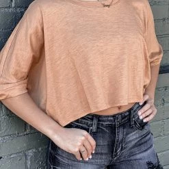 Gypsy Waltz Clothing Princeton Crop Tee In Tan