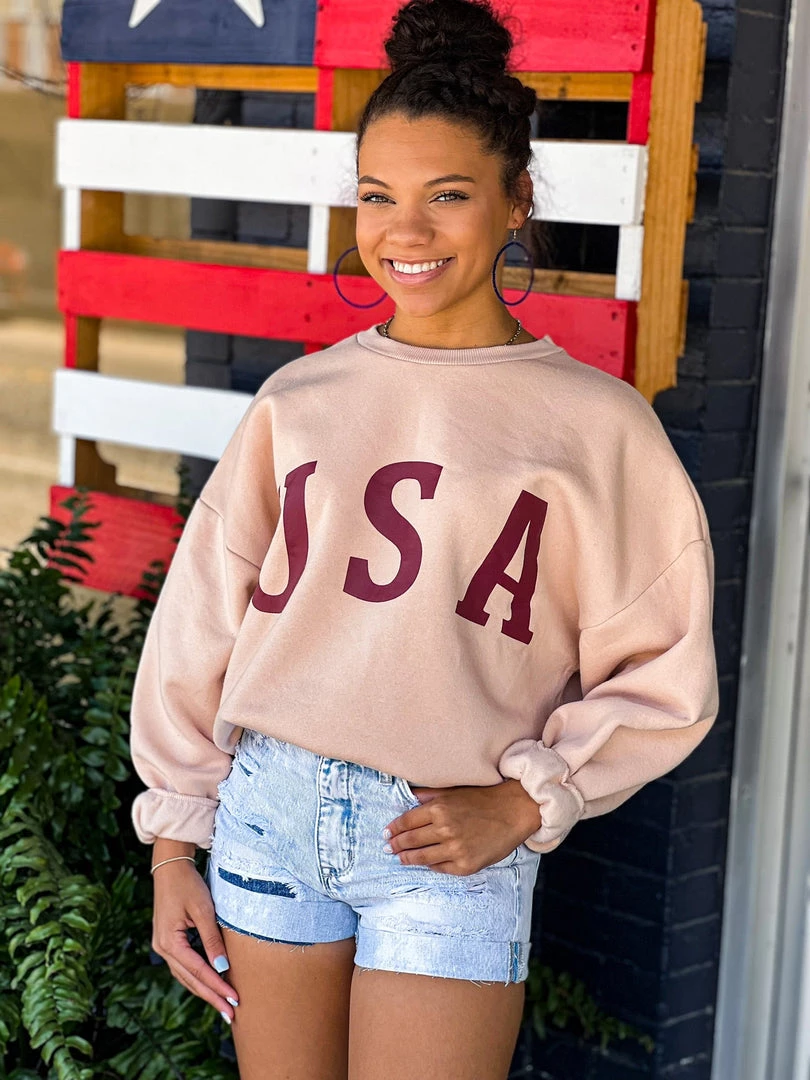 Zenana New Texas City USA Sweatshirt In Dusty Blush 3 Zenana New Texas City USA Sweatshirt In Dusty Blush