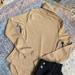 Shop Iris Basic Tops Sanford Turtleneck Body Suit In Camel