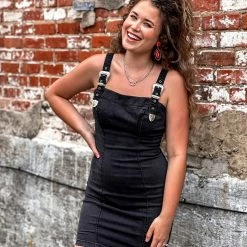 Gypsy Waltz Red Lick Denim Buckle Dress In Black