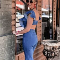 Gypsy Waltz Caddo Mills Jumpsuit In Denim Blue Clothing