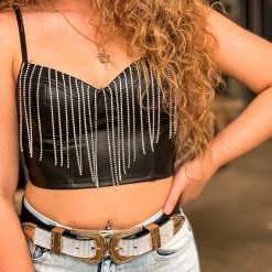 Gypsy Waltz New La Ward Rhinestone Black Leather Crop Top