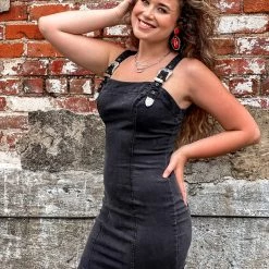 Gypsy Waltz Red Lick Denim Buckle Dress In Black