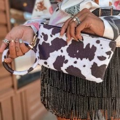 Gypsy Waltz Hartley Cow Print Wristlet Keychain Wallet In Black