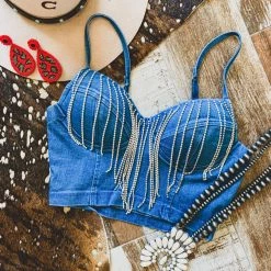 Gypsy Waltz Alto Rhinestone Denim Bralette Crop Top In Medium Wash