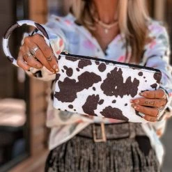 Gypsy Waltz Hartley Cow Print Wristlet Keychain Wallet In Black