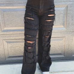 Gypsy Waltz Annona Black Distressed Wide Leg Jeans Clothing