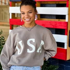 Zenana Texas City USA Sweatshirt In Ash Mocha New